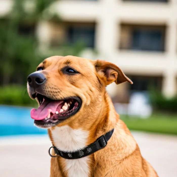 Cão feliz e tranquilo, pronto para um dia na Pet Fun